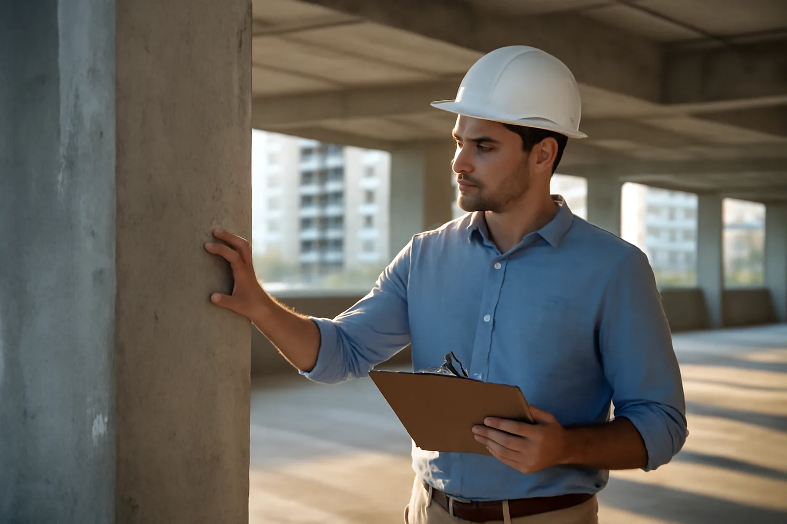 Engineer inspecting a concrete structural column during a Florida condo reserve study
