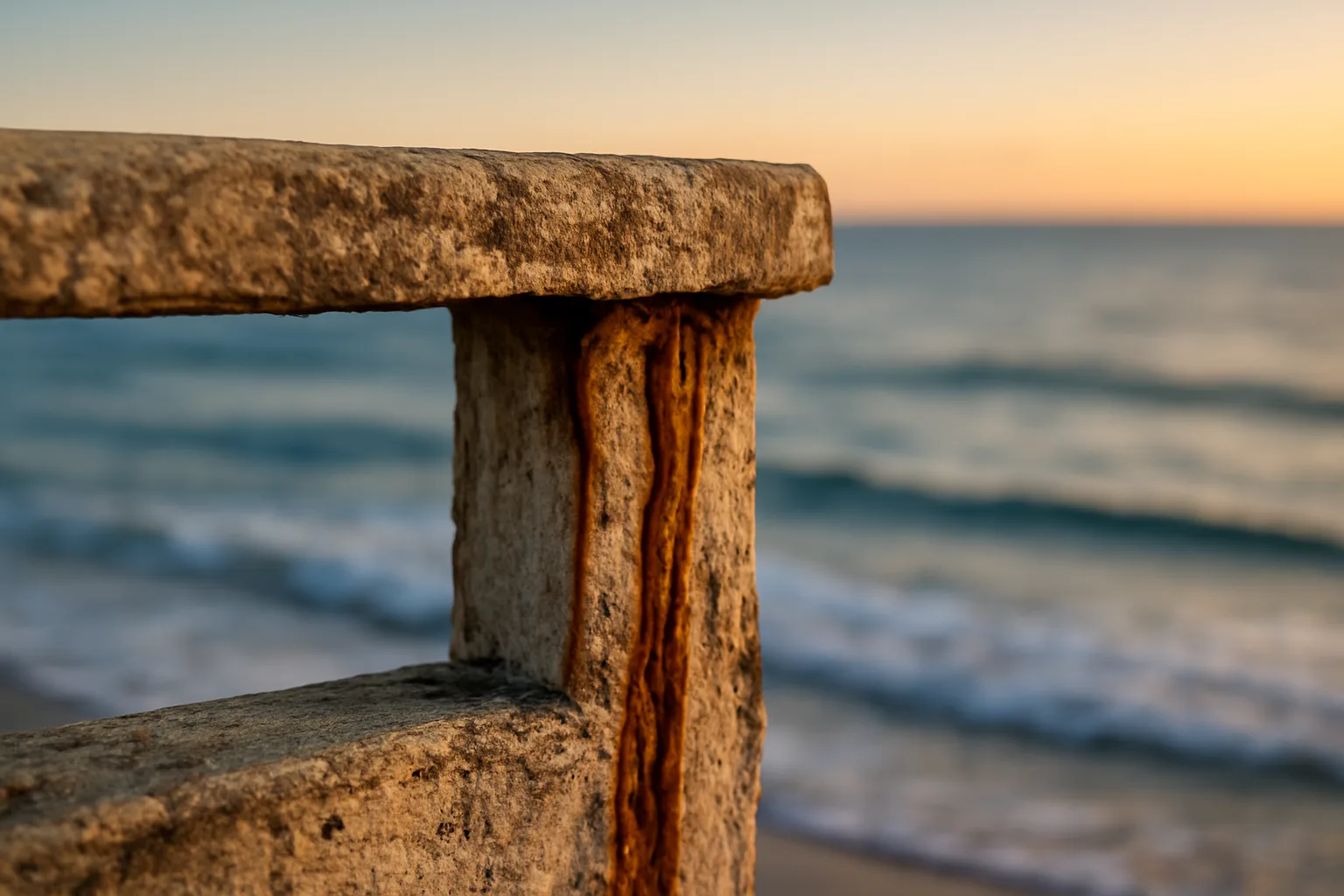 Corroded concrete balcony edge on a Daytona Beach coastal condo building at sunset