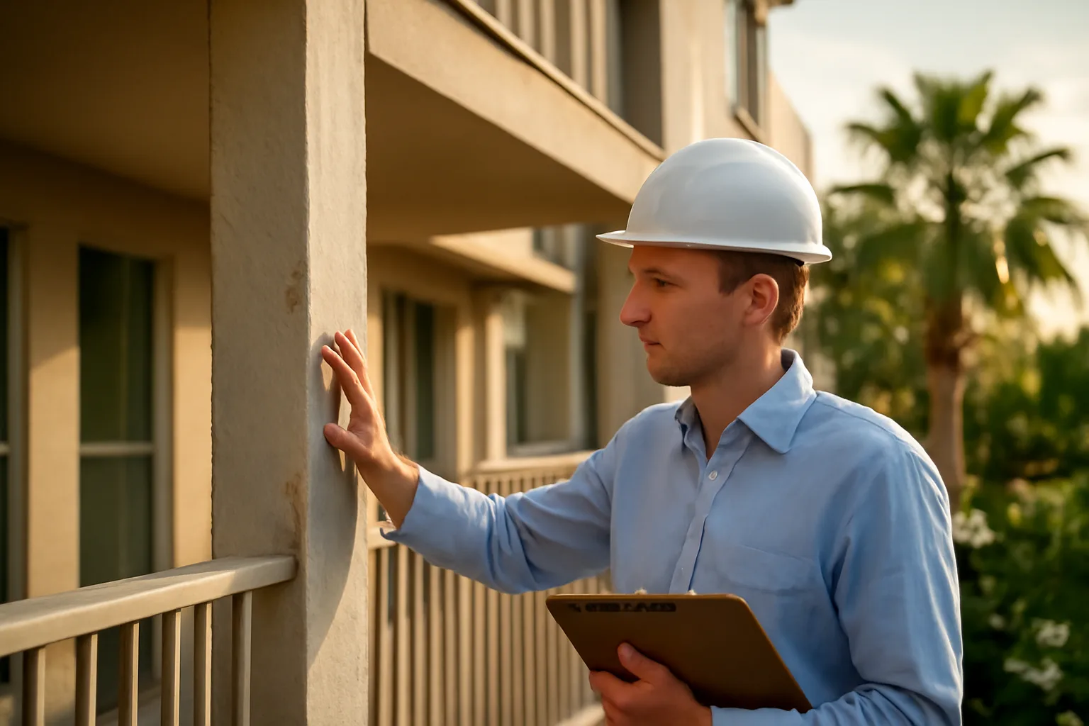 Engineer inspecting concrete balcony structure at an Orlando condominium building