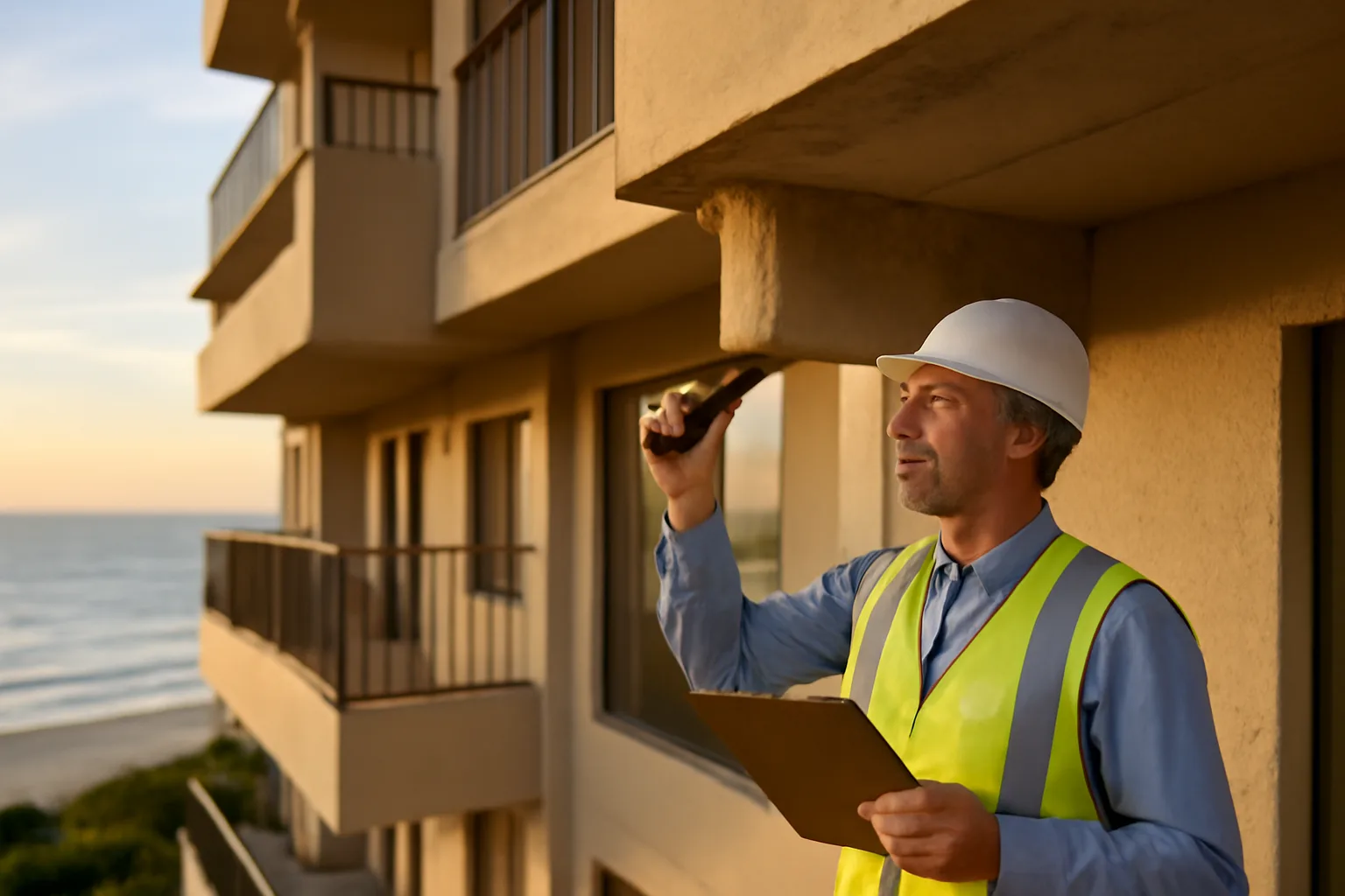 Engineer inspecting concrete balcony structure on a Florida coastal condo building