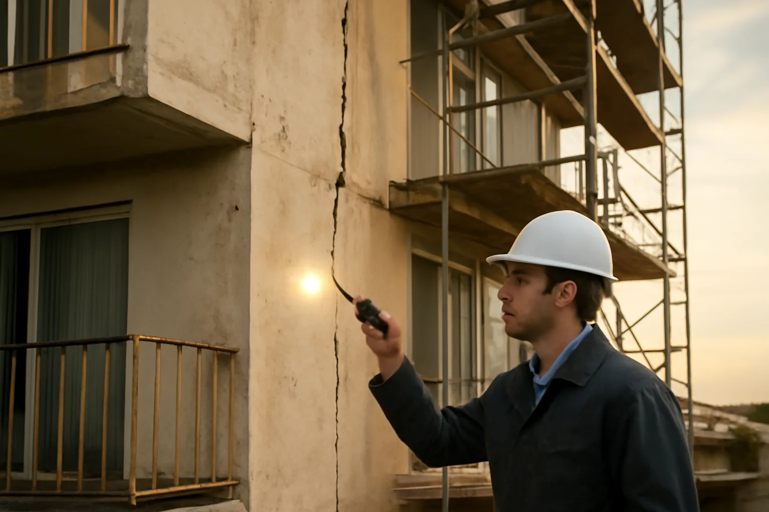 Engineer inspecting a facade crack on a New Jersey condo building exterior