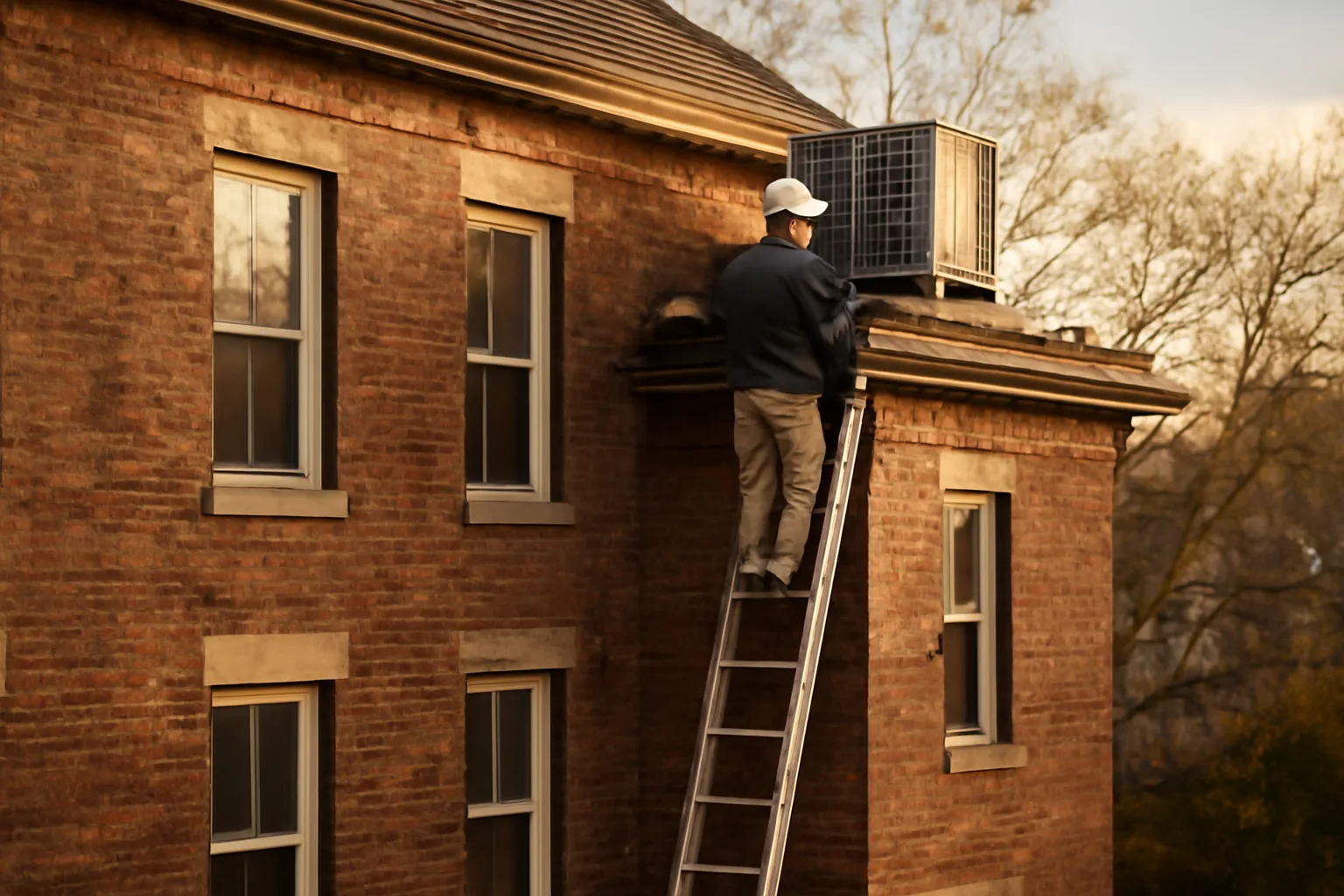 Maintenance worker inspecting rooftop equipment on a Massachusetts condo building