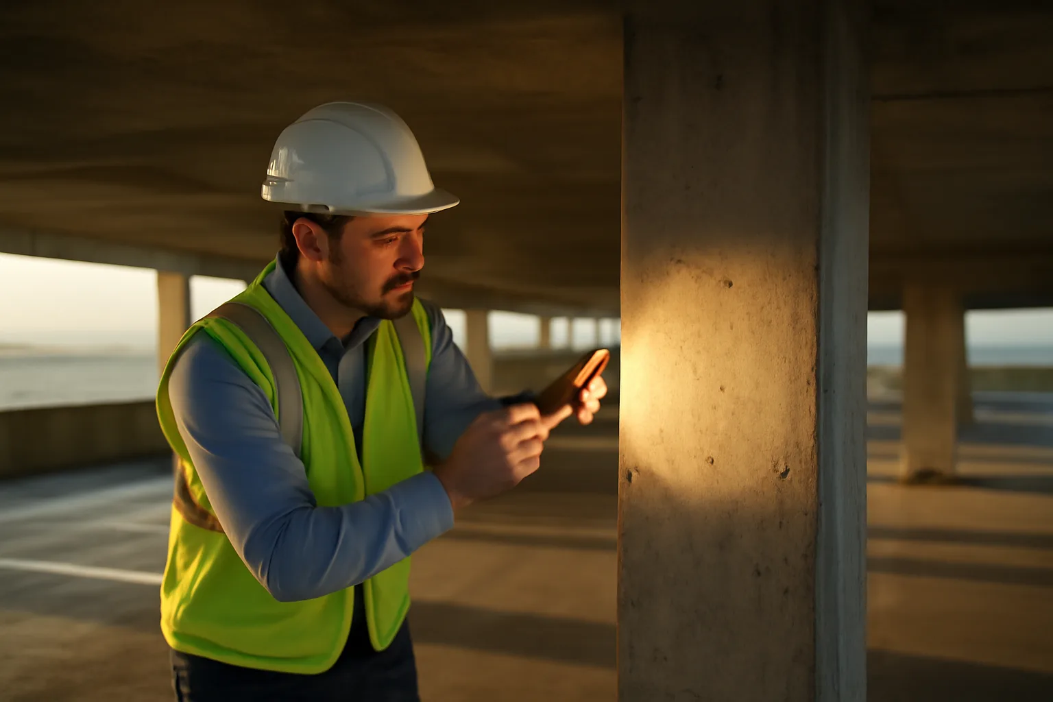 Engineer inspecting a concrete support column during a Florida condo milestone inspection
