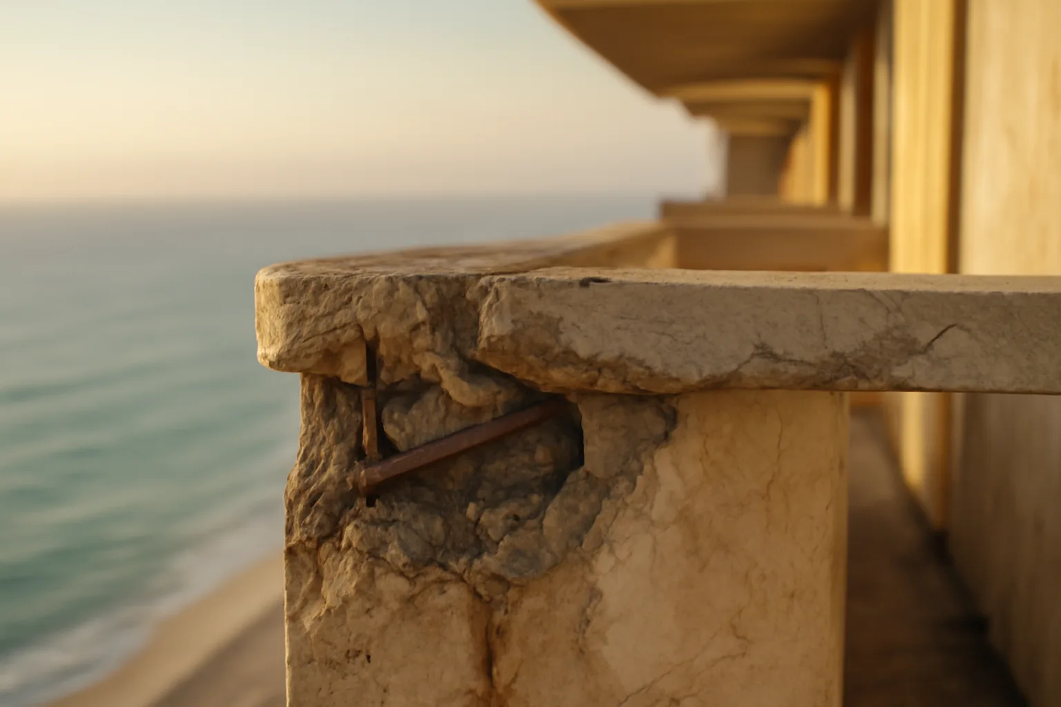 Close-up of aging concrete and exposed rebar on a Florida coastal condo balcony