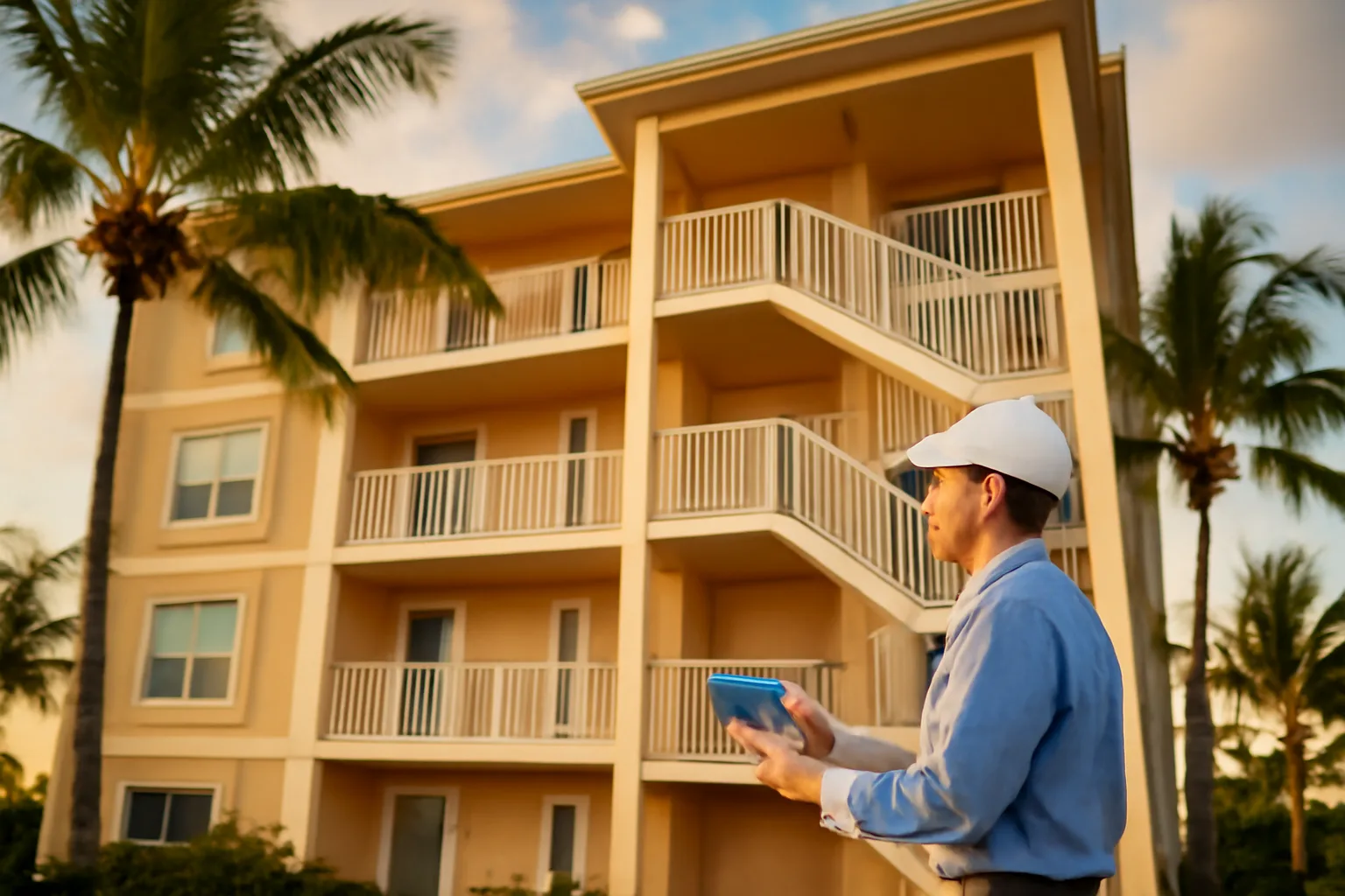 Engineer inspecting balcony structure on a Florida coastal condo building at sunset