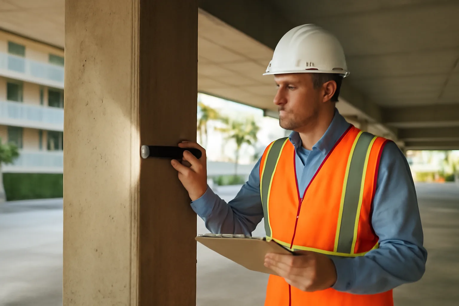 Engineer inspecting a concrete column during a Florida condo milestone inspection