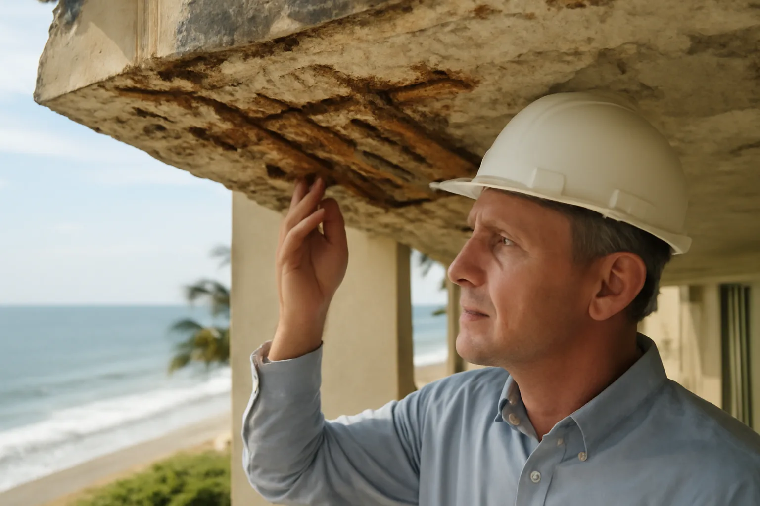 Engineer inspecting corroded rebar and concrete under a Florida condo balcony