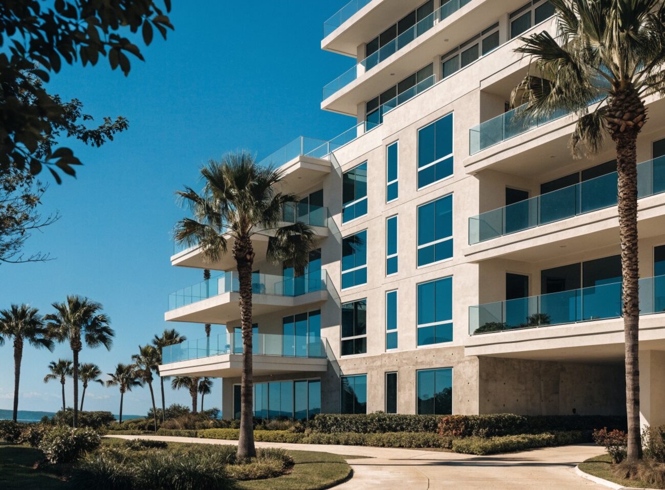 A well-maintained modern multi-story coastal residential condominium building under a clear Florida sky